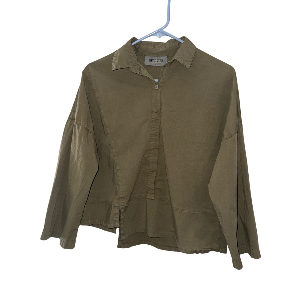 Eleven Stitch Design Olive Green Blouse S Small Lagenlook USA Minimalist Top